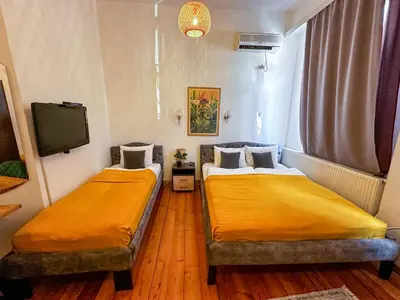 two beds in a small room with a tv at The Only One Apartments in Niš
