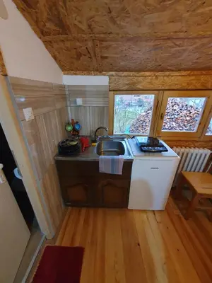 a small kitchen with a sink and a stove at Smeštaj 