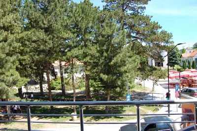 a view of a street and trees from a balcony at Guesthouse Sunny in Soko Banja