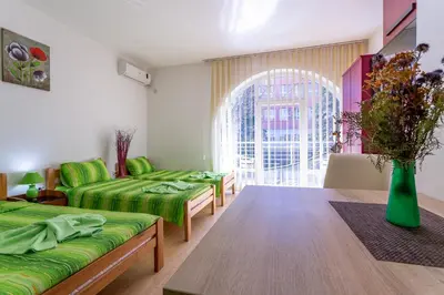 a living room with two beds and a table at Guesthouse Sunny in Soko Banja