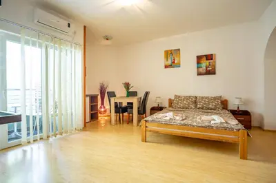a living room with a bed and a dining room at Guesthouse Sunny in Soko Banja