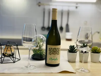 a bottle of wine and two wine glasses on a table at Sokobanja Apartman Aleksa in Soko Banja