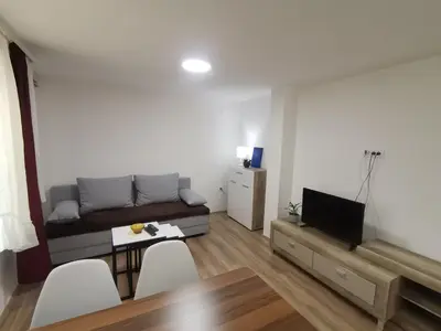 a living room with a couch and a tv at Podinario in Soko Banja