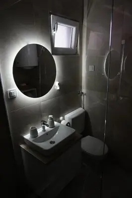 a bathroom with a sink and a mirror and a toilet at 