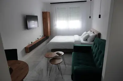 a living room with a bed and a green couch at 