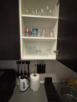 a kitchen counter with a sink and a cupboard at 4 Rooms Apartments in Niš