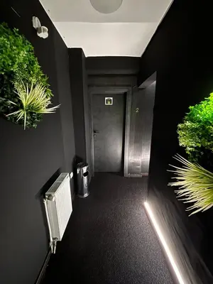 a hallway with a door and plants on the wall at 4 Rooms Apartments in Niš