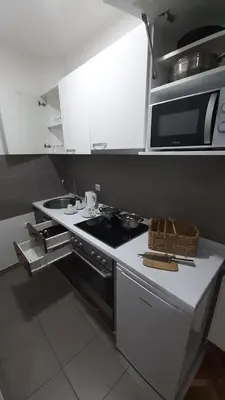 a kitchen with a stove and a microwave at SAPA Studios & Apartments in Niš