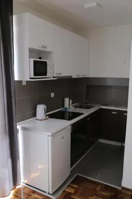 a white kitchen with a sink and a microwave at SAPA Studios & Apartments in Niš