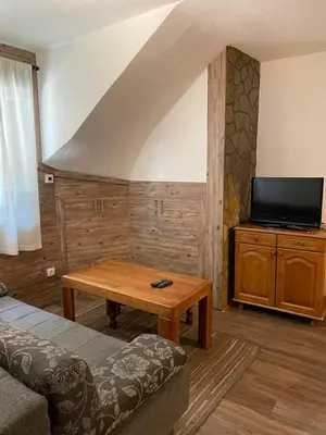 a living room with a couch and a table and a tv at Vila NADJA in Kopaonik