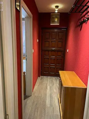 a hallway with red walls and a wooden door at Vila NADJA in Kopaonik