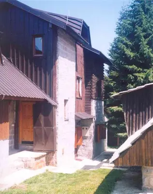 a building with a wooden door and a tree at Vila NADJA in Kopaonik