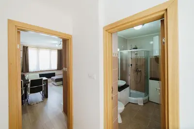 a bathroom with a shower and a sink and a toilet at Apartment Unna in Kopaonik