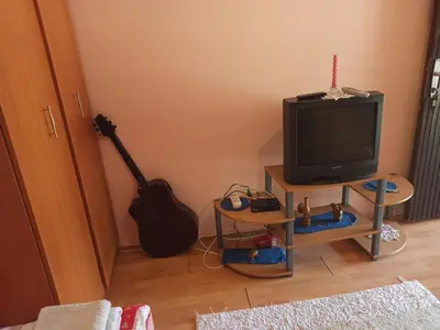 a living room with a television and a guitar at Kod Dace in Banja Topilo