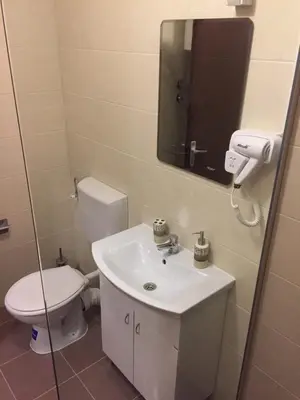 a bathroom with a toilet and a sink and a mirror at Guest House SokoDream in Soko Banja