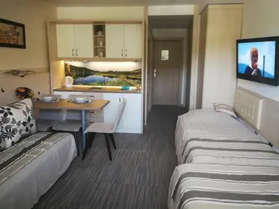a hotel room with a desk and a bed and a table at Apartments MARAS - Angella Konaci in Kopaonik