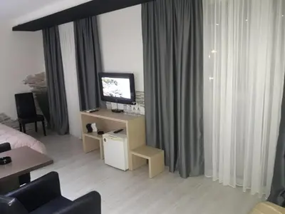 a living room with a television on a table with a couch at Prenoćište Konstantin 2008 in Niš