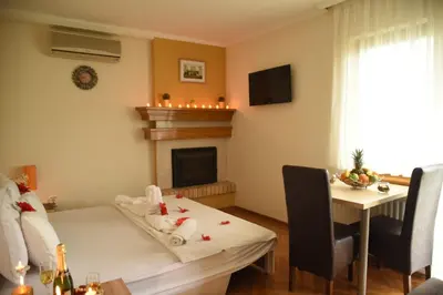 a living room with a table and a fireplace at Apartmani Boss in Vrnjačka Banja