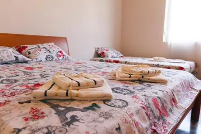 two towels sitting on top of a bed at Apartment Sofija in Niš