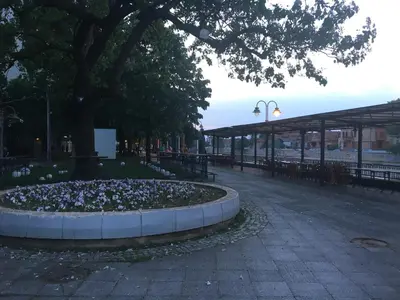 a park with benches and a tree and a flower bed at Apartment Sofija in Niš