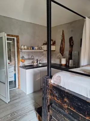 a bedroom with a bed and a kitchen with a sink at Apartment Mia in Vrnjačka Banja
