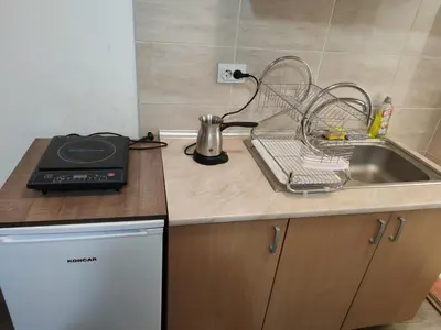 a kitchen counter with a dish drying rack and a sink at Studio Elizabeta in Soko Banja