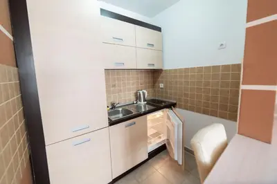 a small kitchen with white cabinets and a sink at Studio Unna in Kopaonik