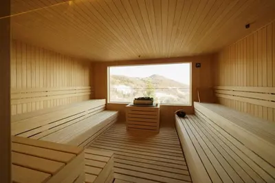 a sauna with wooden floors and a large window at Studio Unna in Kopaonik