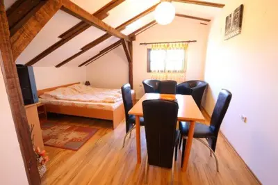 a bedroom with a dining room table and a bed at Apartmani Milosavljevic in Soko Banja