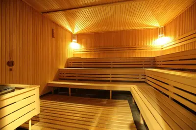 a sauna with wooden benches and lights in it at Hotel Stara Planina in Ćuštica
