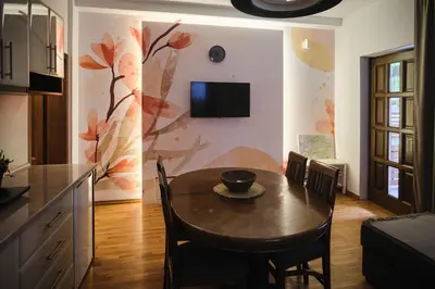 a kitchen and dining room with a table and a television at ŽUPAN apartmani in Soko Banja