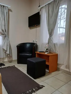 a living room with a black leather chair and a table at Sobe SANjA in Pirot