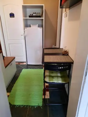 a small kitchen with a counter and a refrigerator at Apartmani Biljana Lazić in Vrnjačka Banja