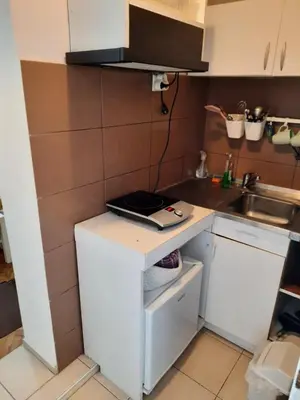 a small kitchen with a counter and a sink at Apartmani Biljana Lazić in Vrnjačka Banja
