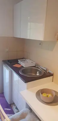a kitchen with a sink and a bowl on a counter at App Milica do akva parka Raj in Vrnjačka Banja
