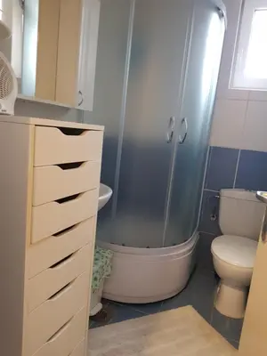 a bathroom with a shower and a toilet and a sink at App Milica do akva parka Raj in Vrnjačka Banja