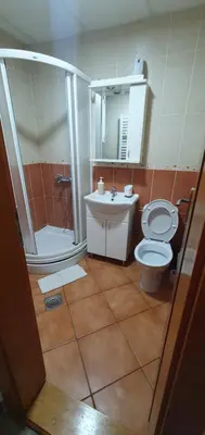 a bathroom with a toilet and a shower and a sink at Studio Dunja in Vrnjačka Banja