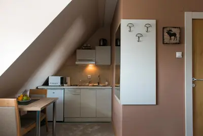 a kitchen with a white refrigerator next to a table at Boni M in Kopaonik