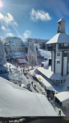 a town covered in snow with a building at Boni M in Kopaonik