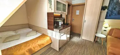 a small room with a bed and a kitchen at Angella KOP Konaci in Kopaonik
