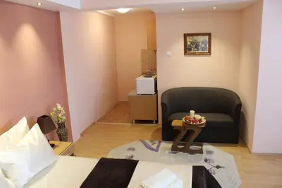 a living room with a bed and a chair at Guest Accommodation Zone in Niška Banja