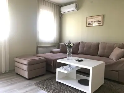 a living room with a couch and a coffee table at Apartman Sofia in Vrnjačka Banja