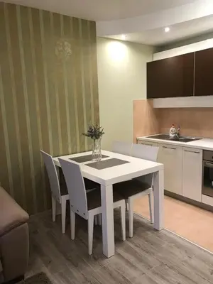 a kitchen with a white table and chairs in a room at Apartman Sofia in Vrnjačka Banja