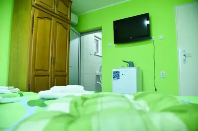 a green room with a bed and a tv on the wall at PRENOĆIŠTE PILOT in Niš