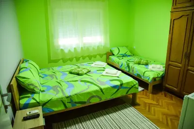 two beds in a room with green walls at PRENOĆIŠTE PILOT in Niš