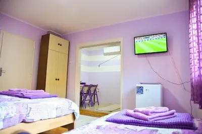 a purple room with two beds and a tv on the wall at PRENOĆIŠTE PILOT in Niš