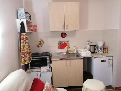 a small kitchen with a sink and a refrigerator at Apartman NADA in Vrnjačka Banja