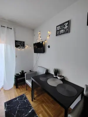 a living room with a black table and a couch at Studio ARIES in Vrnjačka Banja
