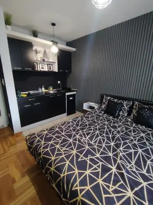 a bedroom with a bed with a black and white comforter at Studio ARIES in Vrnjačka Banja