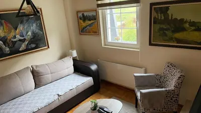 a living room with a couch and a chair at Sunčani Apartman in Brzeće